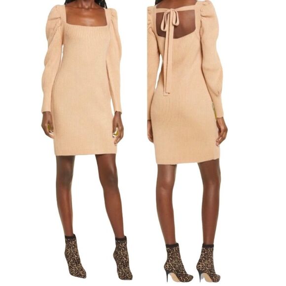 PUFF Sleeve Sweater Tie back Long Sleeve WAYF Dress Mocha Mousse Ret $98 XL NWT - Picture 1 of 8